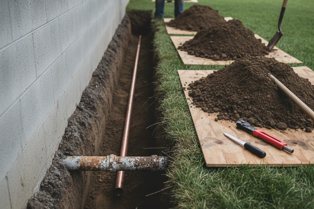 Excavated water line trench during Water Heater Repair in Lanexa